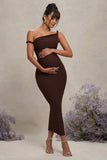 Salome Chocolate Brown Twisted Asymmetric Maternity Midi Dress