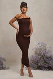 Salome Chocolate Brown Twisted Asymmetric Maternity Midi Dress