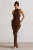 Larisa Dark Brown Cowl Halter-Neck Maxi Dress With Back Detail