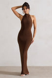 Larisa Dark Brown Cowl Halter-Neck Maxi Dress With Back Detail