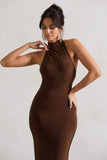 Larisa Dark Brown Cowl Halter-Neck Maxi Dress With Back Detail