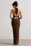 Larisa Dark Brown Cowl Halter-Neck Maxi Dress With Back Detail