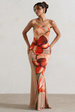 Ceremony Orange and Mocha Floral Bandeau Fishtail Maxi Dress