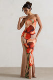 Ceremony Orange and Mocha Floral Bandeau Fishtail Maxi Dress