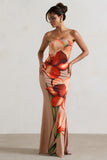 Ceremony Orange and Mocha Floral Bandeau Fishtail Maxi Dress