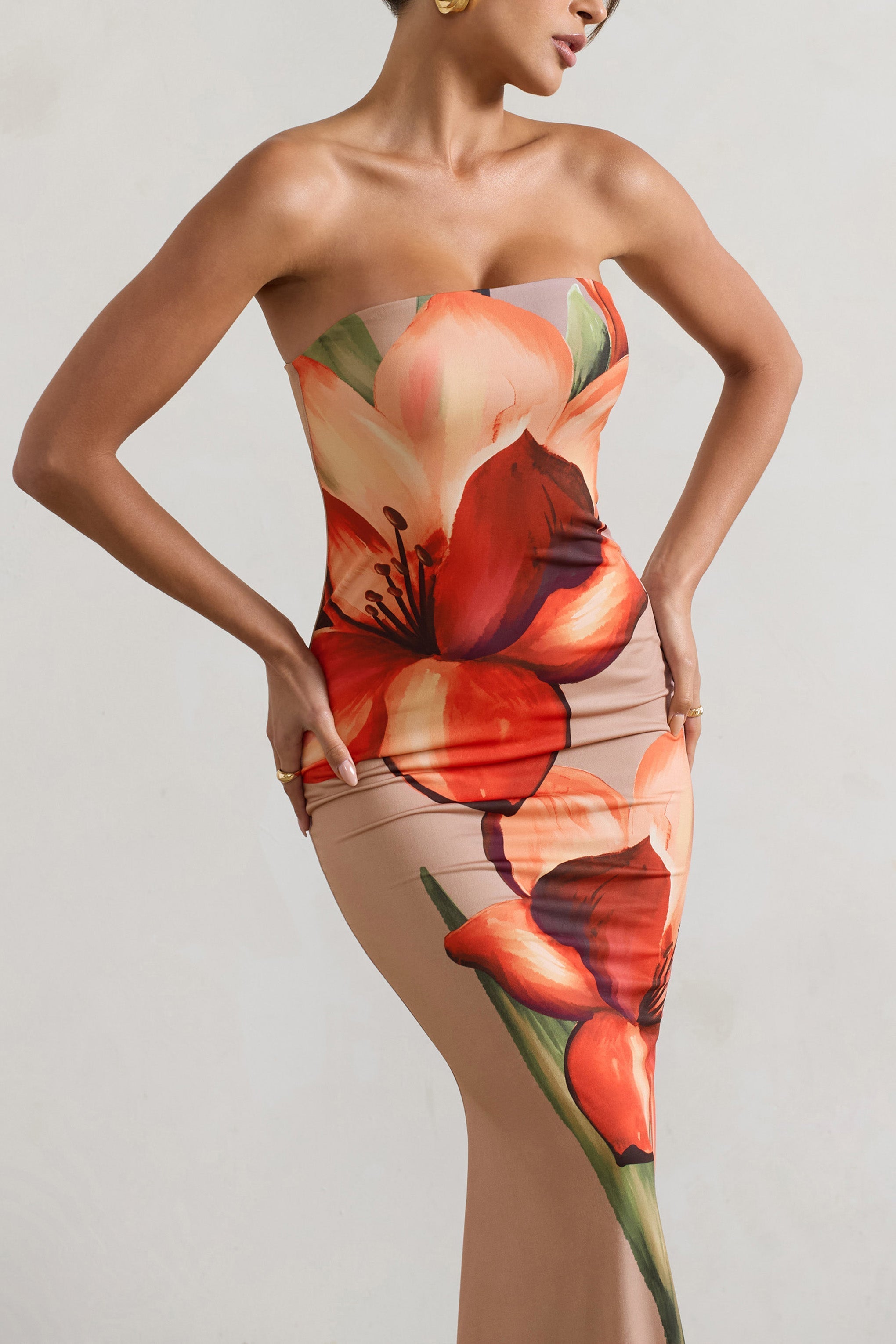 Ceremony Orange and Mocha Floral Bandeau Fishtail Maxi Dress