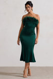 One And Only Bottle Green Satin Feather Trim Bandeau Midi Dress