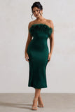 One And Only Bottle Green Satin Feather Trim Bandeau Midi Dress