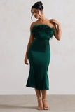 One And Only Bottle Green Satin Feather Trim Bandeau Midi Dress