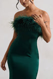 One And Only Bottle Green Satin Feather Trim Bandeau Midi Dress
