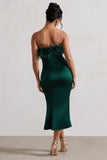One And Only Bottle Green Satin Feather Trim Bandeau Midi Dress