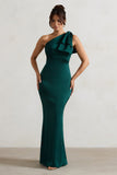 Lady Bottle Green Satin One Shoulder Maxi Dress With Bow