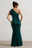 Lady Bottle Green Satin One Shoulder Maxi Dress With Bow