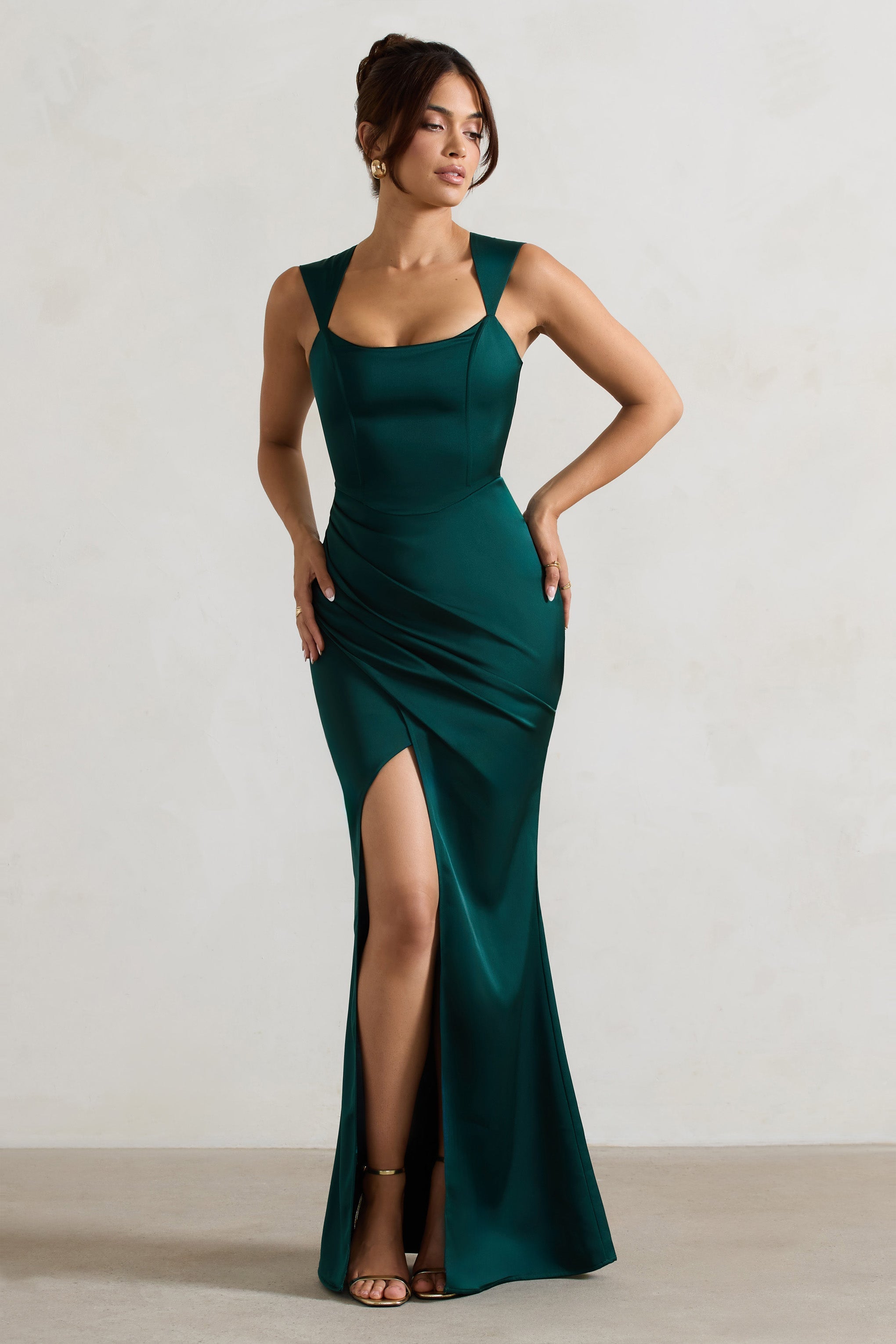 A Romantic Green Satin Corset Wrap Maxi Dress