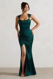 A Romantic Green Satin Corset Wrap Maxi Dress