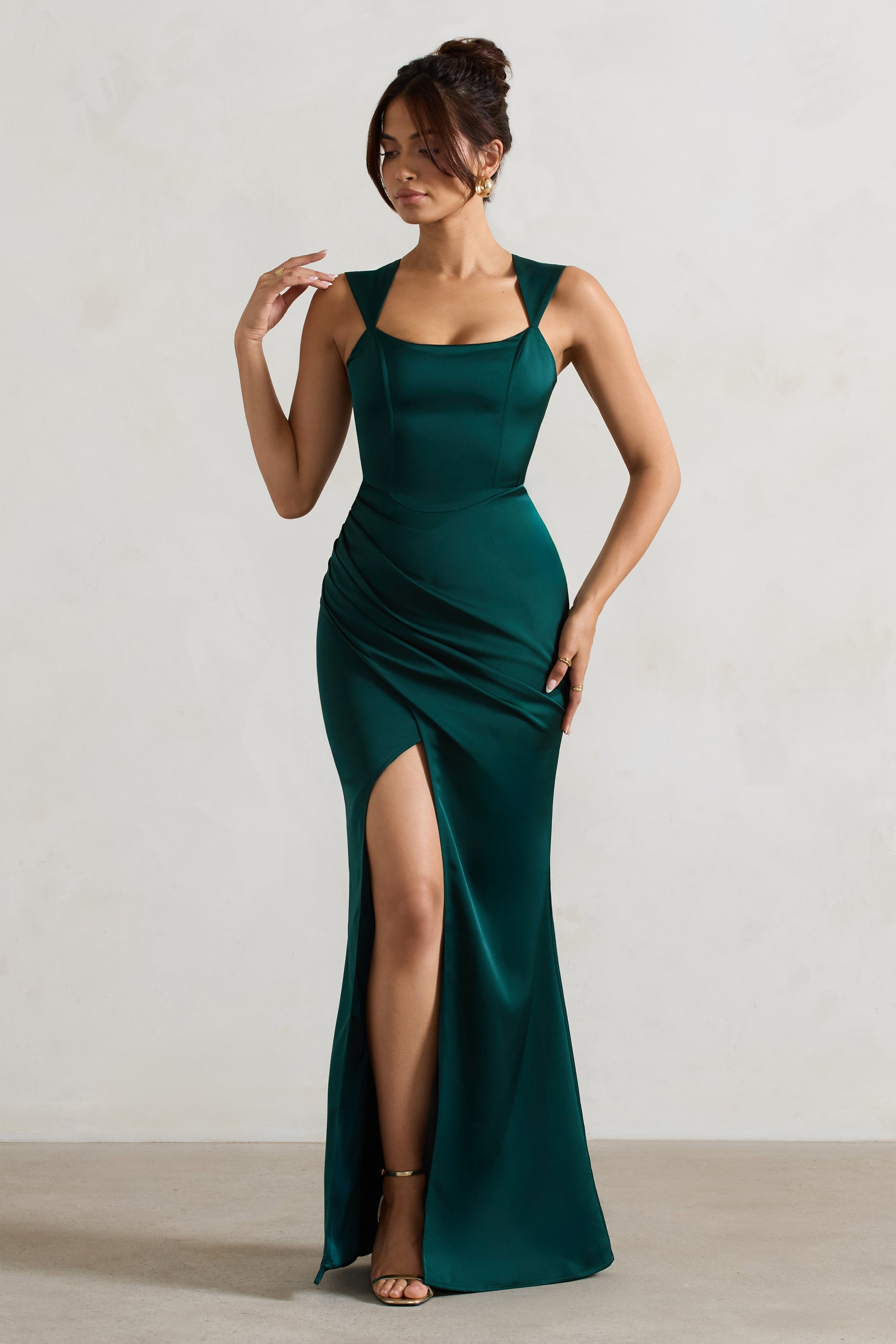 A Romantic Green Satin Corset Wrap Maxi Dress