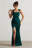 A Romantic Green Satin Corset Wrap Maxi Dress