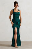 A Romantic Green Satin Corset Wrap Maxi Dress