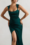 A Romantic Green Satin Corset Wrap Maxi Dress