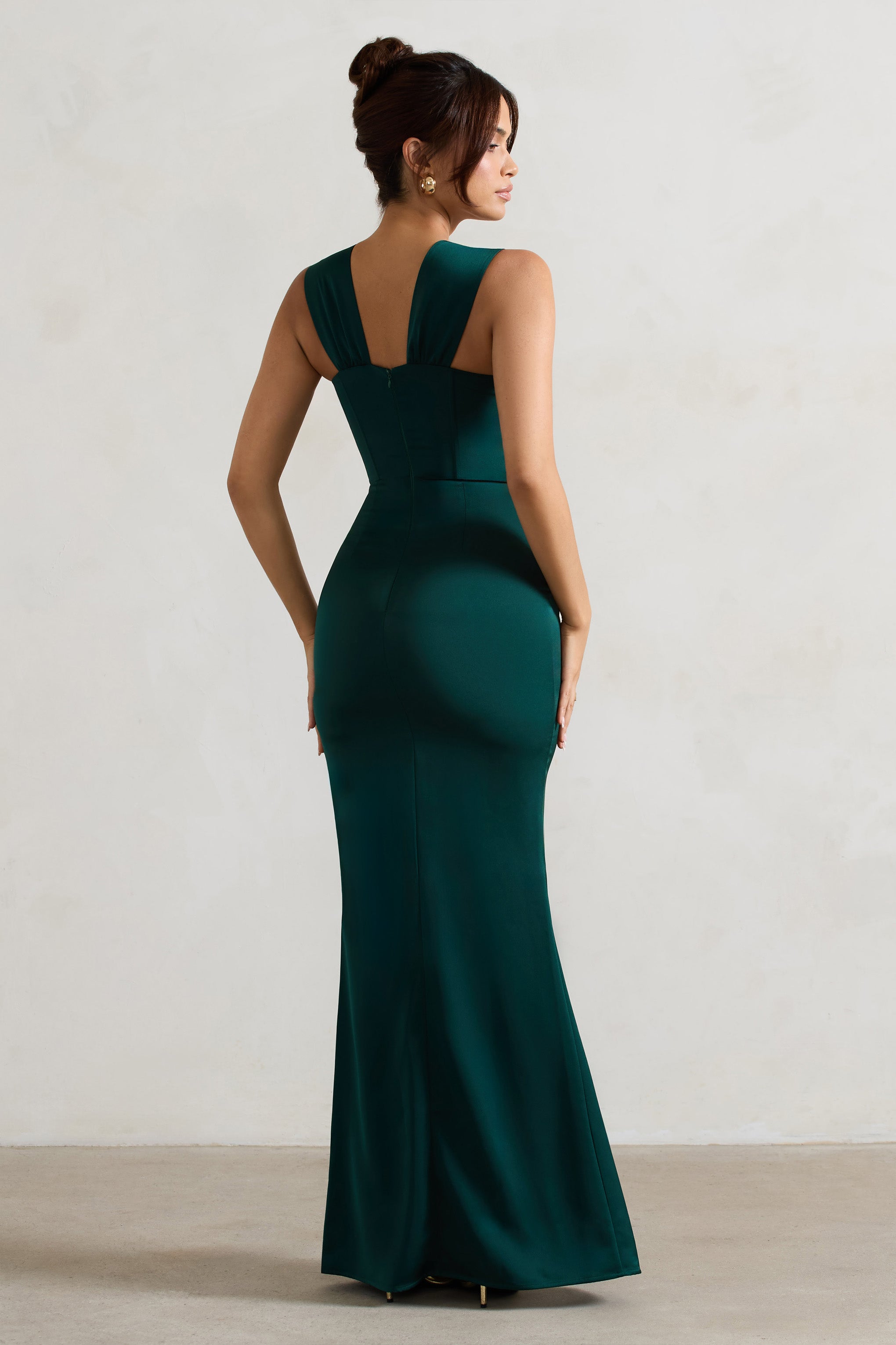 A Romantic Green Satin Corset Wrap Maxi Dress