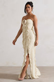 Gardenia Champagne Strapless Ruffle Maxi Dress With Corsage