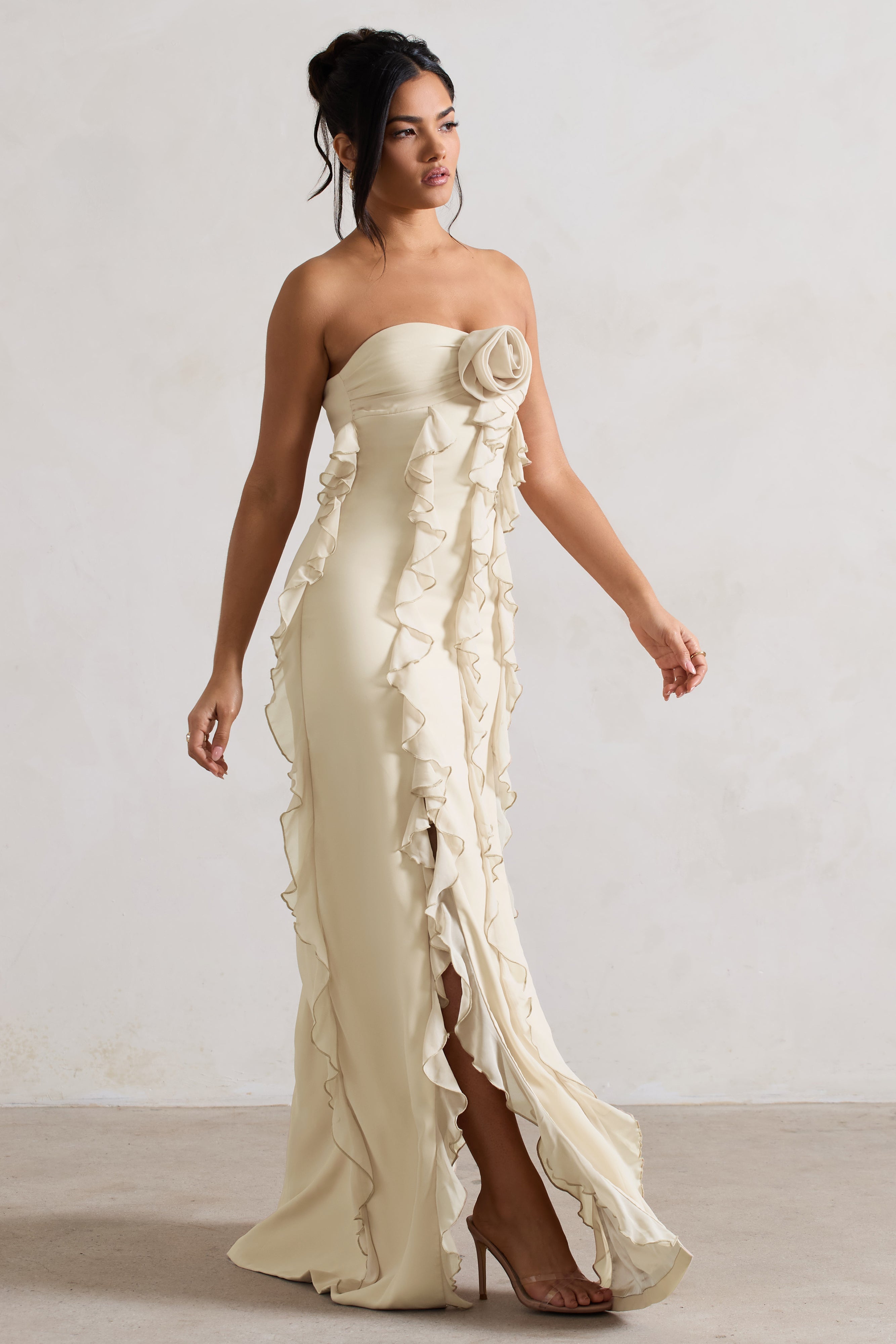 Gardenia Champagne Strapless Ruffle Maxi Dress With Corsage