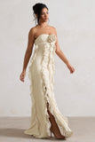 Gardenia Champagne Strapless Ruffle Maxi Dress With Corsage
