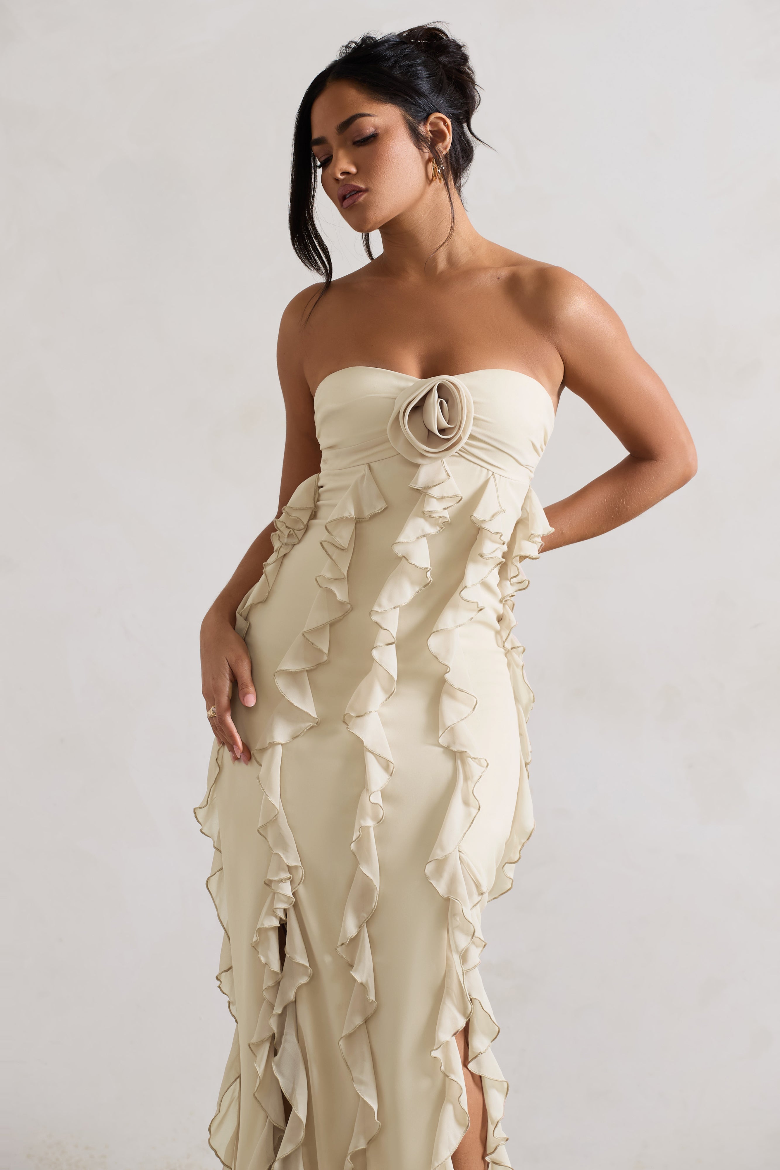 Gardenia Champagne Strapless Ruffle Maxi Dress With Corsage