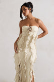 Gardenia Champagne Strapless Ruffle Maxi Dress With Corsage