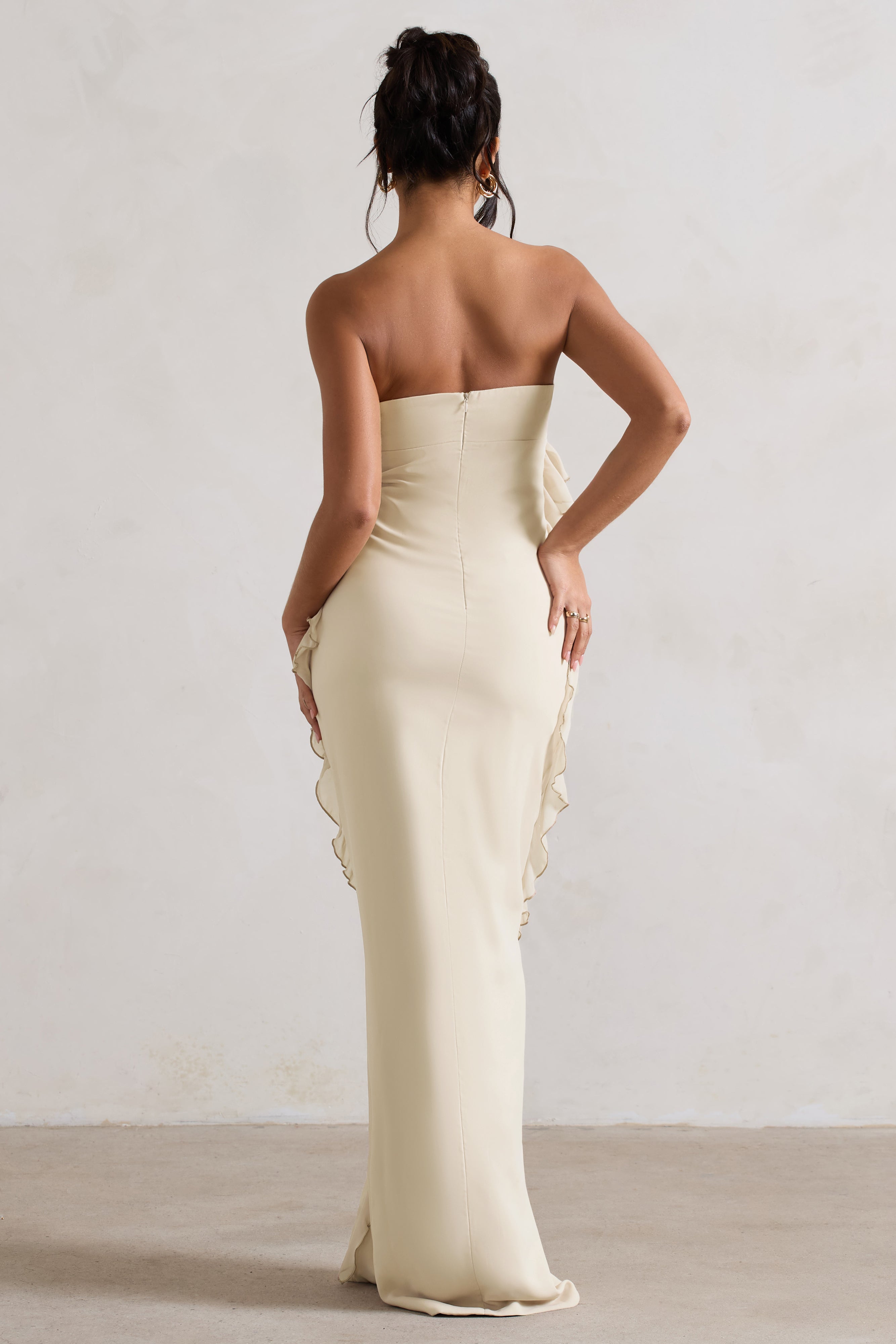 Gardenia Champagne Strapless Ruffle Maxi Dress With Corsage