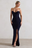 Saphira Navy Gathered Corset Style Split Maxi Dress