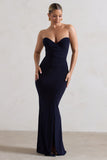 Saphira Navy Gathered Corset Style Split Maxi Dress