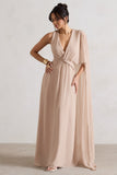 Fairytale Champagne Plunge-Neck Chiffon Maxi Dress With Cape Sleeve