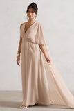 Fairytale Champagne Plunge-Neck Chiffon Maxi Dress With Cape Sleeve