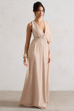 Fairytale Champagne Plunge-Neck Chiffon Maxi Dress With Cape Sleeve