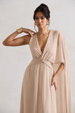Fairytale Champagne Plunge-Neck Chiffon Maxi Dress With Cape Sleeve