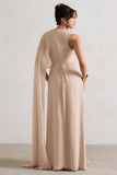 Fairytale Champagne Plunge-Neck Chiffon Maxi Dress With Cape Sleeve