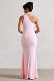 In Suspense Pink One Shoulder Halter-Neck Split Maxi Dress With Flower
