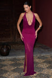 Diaz Dark Pink Embellished Cowl-Neck Split Maxi Dress