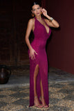Diaz Dark Pink Embellished Cowl-Neck Split Maxi Dress