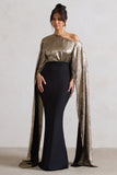 Alura Black & Gold Metallic One Shoulder Cape Maxi Dress