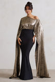 Alura Black & Gold Metallic One Shoulder Cape Maxi Dress