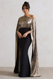 Alura Black & Gold Metallic One Shoulder Cape Maxi Dress