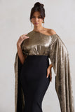 Alura Black & Gold Metallic One Shoulder Cape Maxi Dress