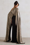 Alura Black & Gold Metallic One Shoulder Cape Maxi Dress