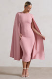 Rafaela Blush Pink Bodycon Midi Dress With Cape Sleeves