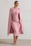 Rafaela Blush Pink Bodycon Midi Dress With Cape Sleeves