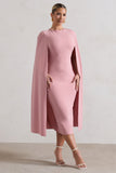 Rafaela Blush Pink Bodycon Midi Dress With Cape Sleeves