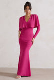 Dalia Dark Pink V-Neck Draped Long Sleeve Maxi Dress