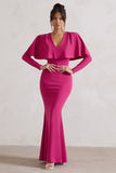 Dalia Dark Pink V-Neck Draped Long Sleeve Maxi Dress